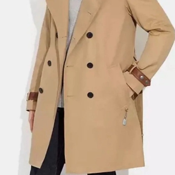 NWT Coach Core Trench Coat Men's XL Khaki CF804 Leather Trim Water Resistant